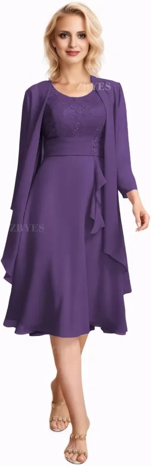 2 Piece Mother of The Bride Dresses for Wedding Chiffon Lace Applique 3/4 Sleeve Formal Evening Gowns with Jacket