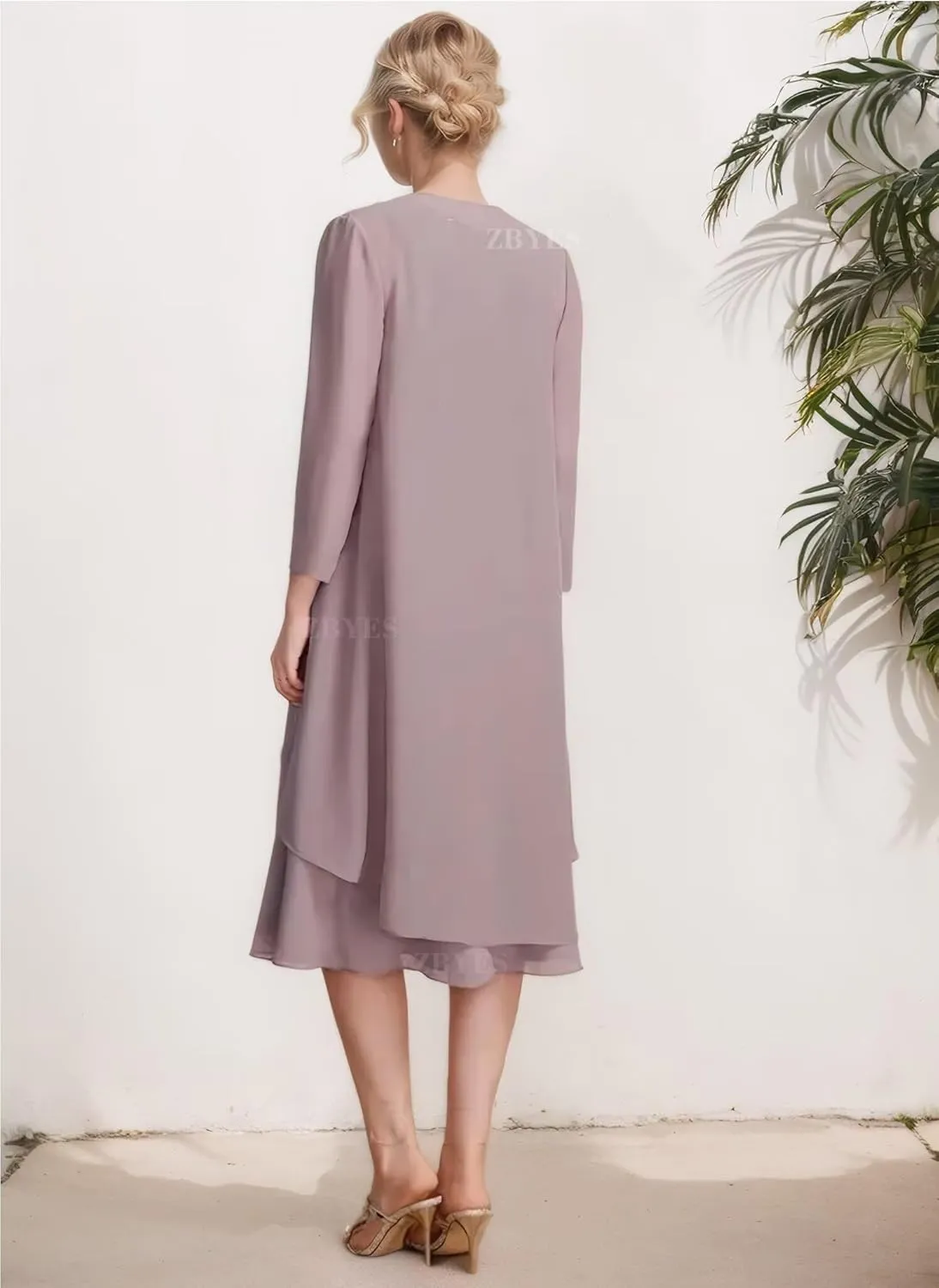 2 Piece Mother of The Bride Dresses for Wedding Chiffon Lace Applique 3/4 Sleeve Formal Evening Gowns with Jacket