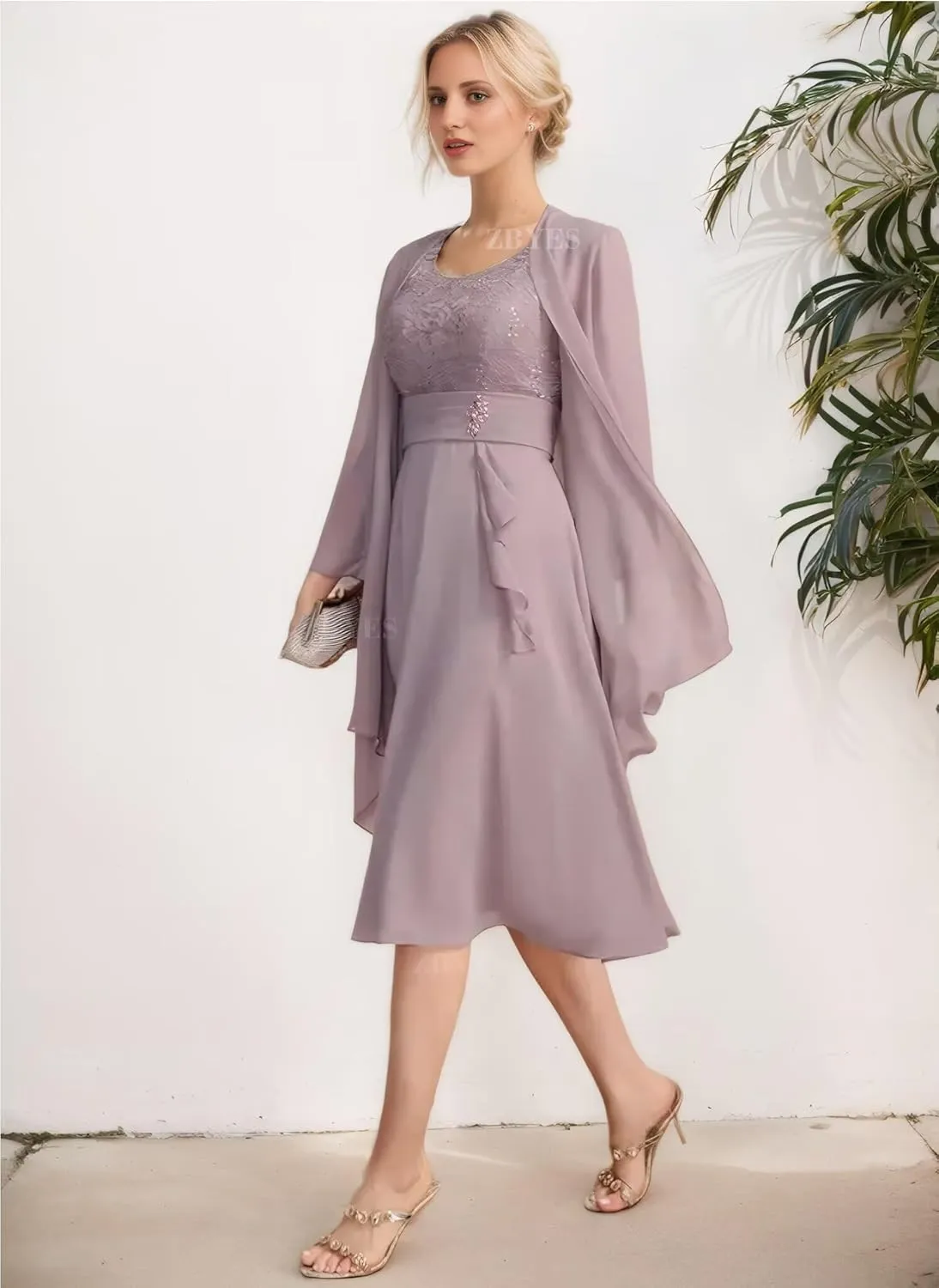 2 Piece Mother of The Bride Dresses for Wedding Chiffon Lace Applique 3/4 Sleeve Formal Evening Gowns with Jacket