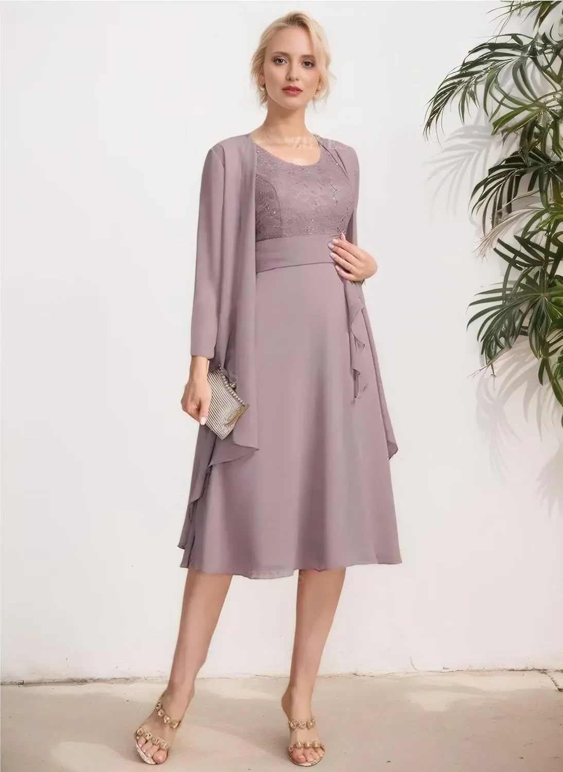 2 Piece Mother of The Bride Dresses for Wedding Chiffon Lace Applique 3/4 Sleeve Formal Evening Gowns with Jacket