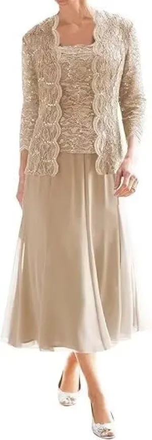 2 Piece Mother of The Bride Dresses for Women with Jacket Lace Chiffon 3/4 Sleeve Tea Length Formal Wedding Guest Dress