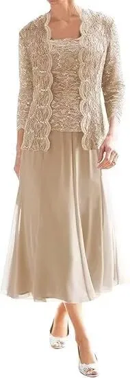 2 Piece Mother of The Bride Dresses for Women with Jacket Lace Chiffon 3/4 Sleeve Tea Length Formal Wedding Guest Dress