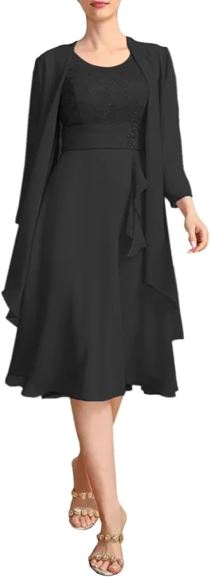 2 Piece Mother of The Bride Dresses with Jacket for Wedding Long Sleeve Chiffon Formal Evening Gowns