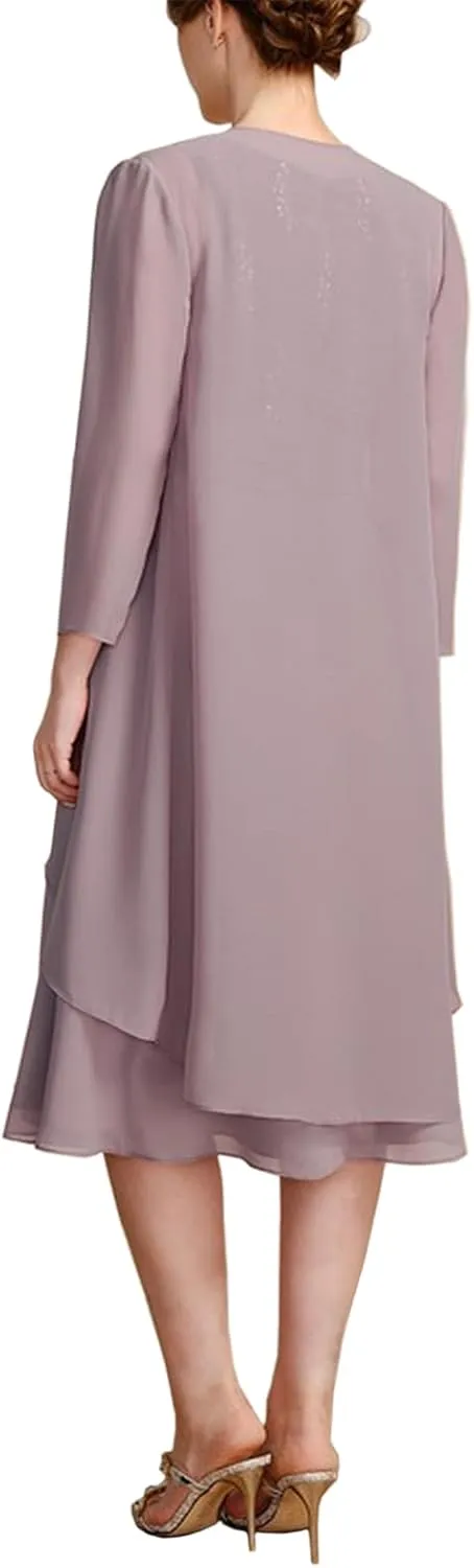 2 Piece Mother of The Bride Dresses with Jacket for Wedding Long Sleeve Chiffon Formal Evening Gowns