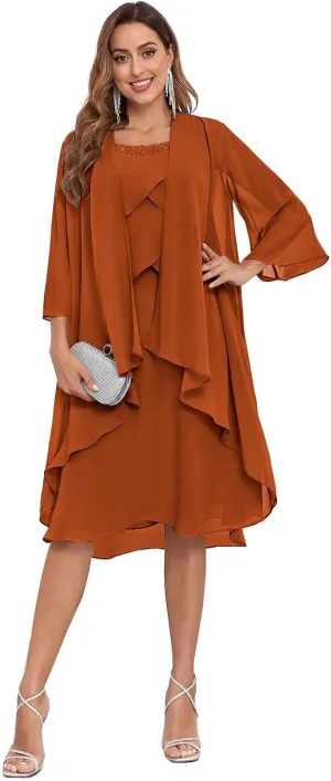 2 Piece Mother of The Bride Dresses with Jacket Tiered 3/4 Sleeve Knee Length Chiffon Beaded Formal Dress