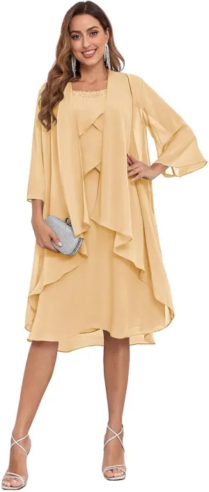 2 Piece Mother of The Bride Dresses with Jacket Tiered 3/4 Sleeve Knee Length Chiffon Beaded Formal Dress