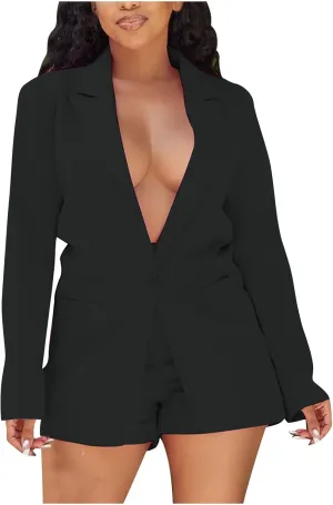 2 Piece Outfits for Women Dressy Long Sleeve Blazer High Waist Shorts Suits Set Business Casual Office Work Outfit