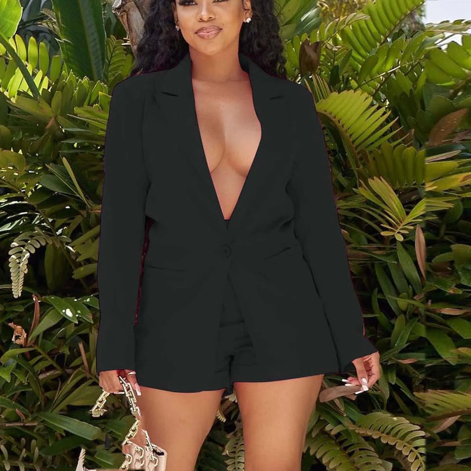 2 Piece Outfits for Women Dressy Long Sleeve Blazer High Waist Shorts Suits Set Business Casual Office Work Outfit