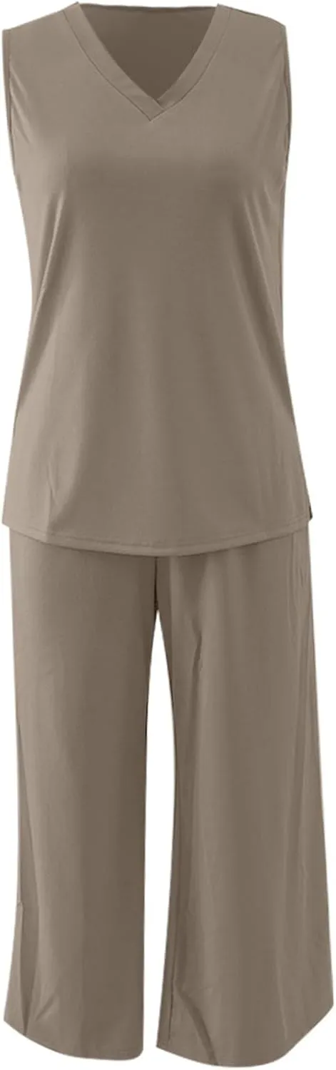 2 Piece Sets for Women Solid Summer Lounge Set Wide Leg Pants Matching Sets Vacation Travel Outfits Beach Clothing