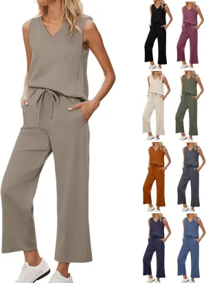 2 Piece Sets for Women Solid Summer Lounge Set Wide Leg Pants Matching Sets Vacation Travel Outfits Beach Clothing