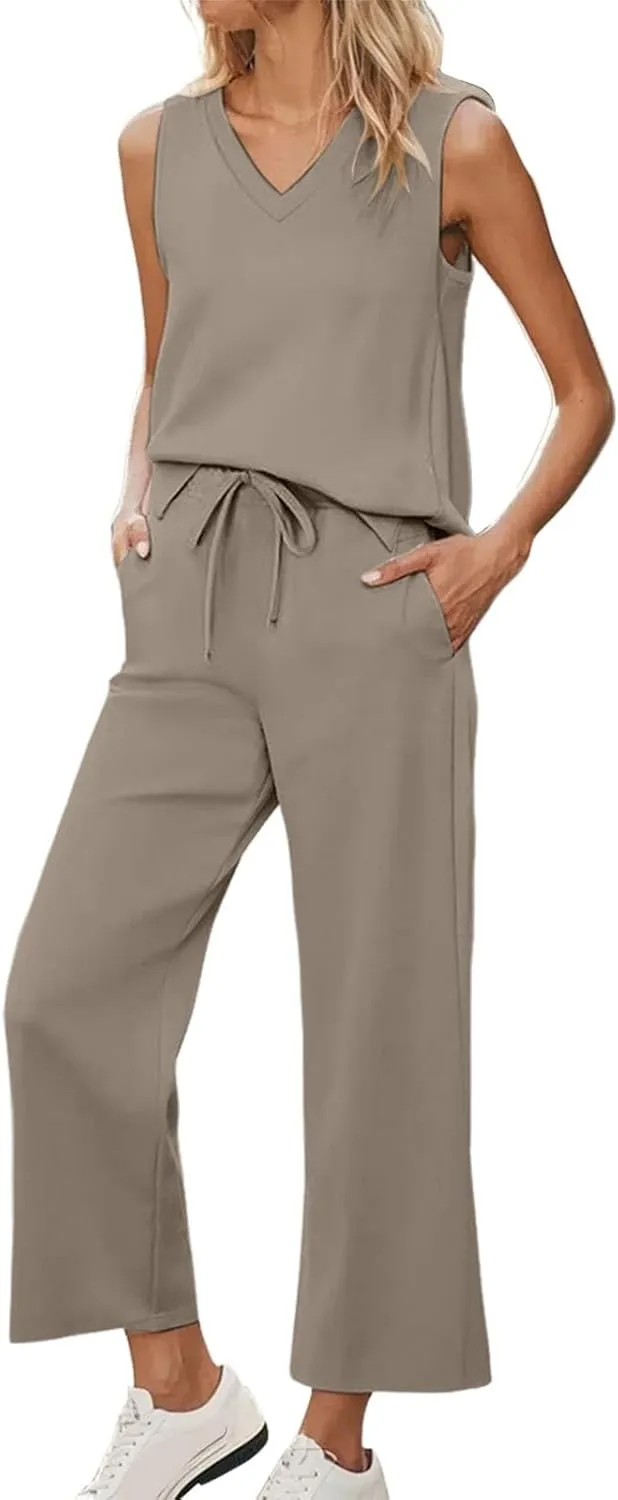 2 Piece Sets for Women Solid Summer Lounge Set Wide Leg Pants Matching Sets Vacation Travel Outfits Beach Clothing