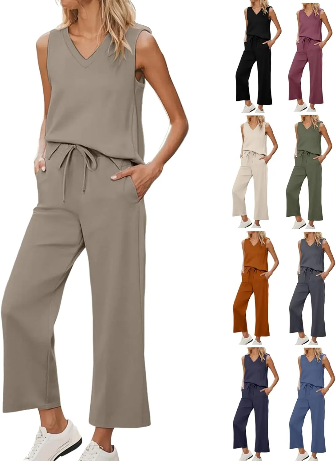 2 Piece Sets for Women Solid Summer Lounge Set Wide Leg Pants Matching Sets Vacation Travel Outfits Beach Clothing