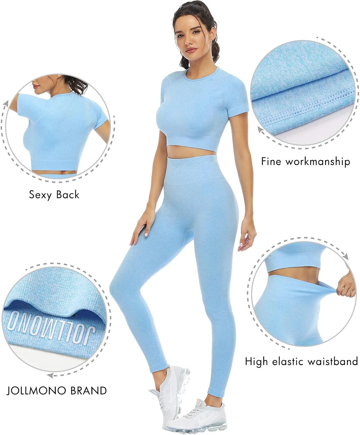 2 Piece Short Sleeve Outfits for Women Seamless Crop Tops Set for Women Workout Set