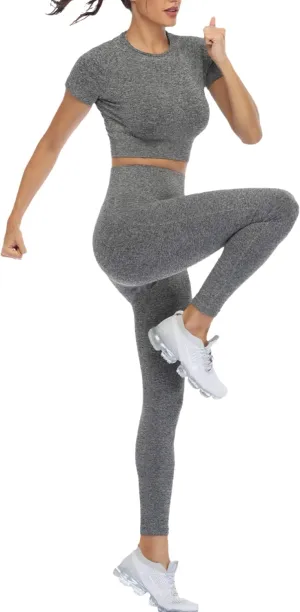 2 Piece Short Sleeve Outfits for Women Seamless Crop Tops Set for Women Workout Set