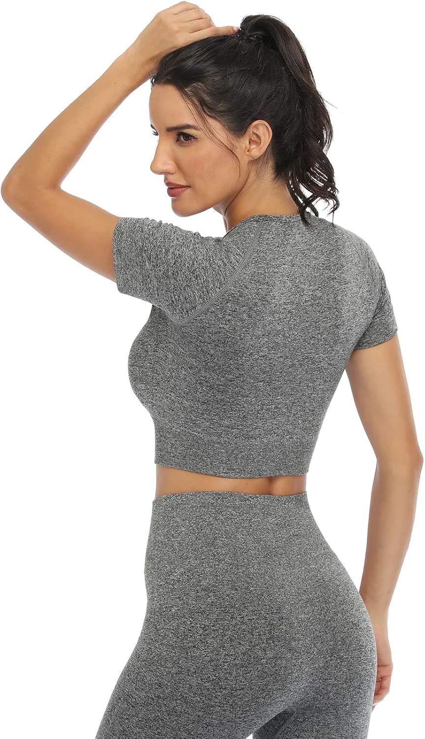 2 Piece Short Sleeve Outfits for Women Seamless Crop Tops Set for Women Workout Set