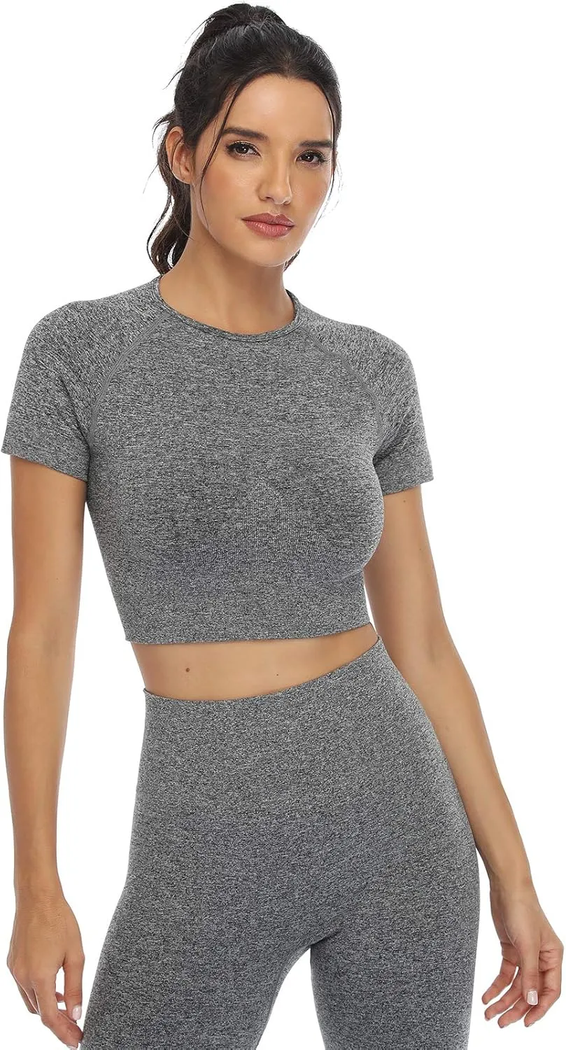2 Piece Short Sleeve Outfits for Women Seamless Crop Tops Set for Women Workout Set