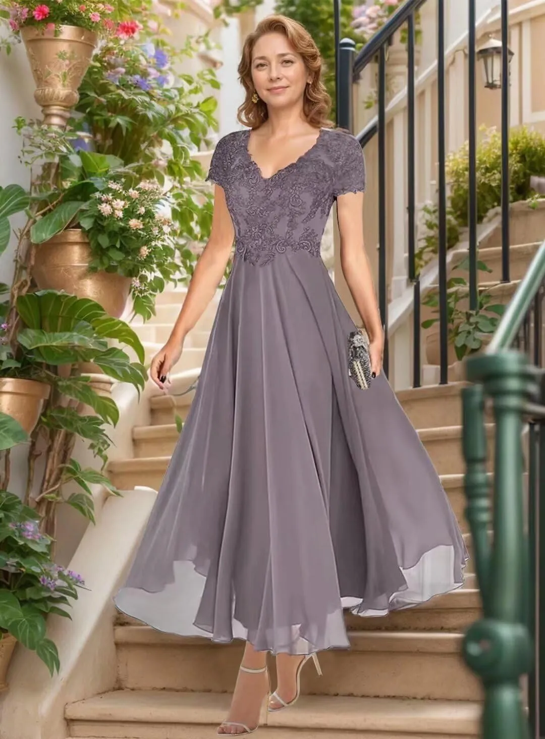 2 Piece Tea Length Mother of The Bride Dresses for Wedding with Jacket Chiffon A Line Formal Evening Gown with Pockets