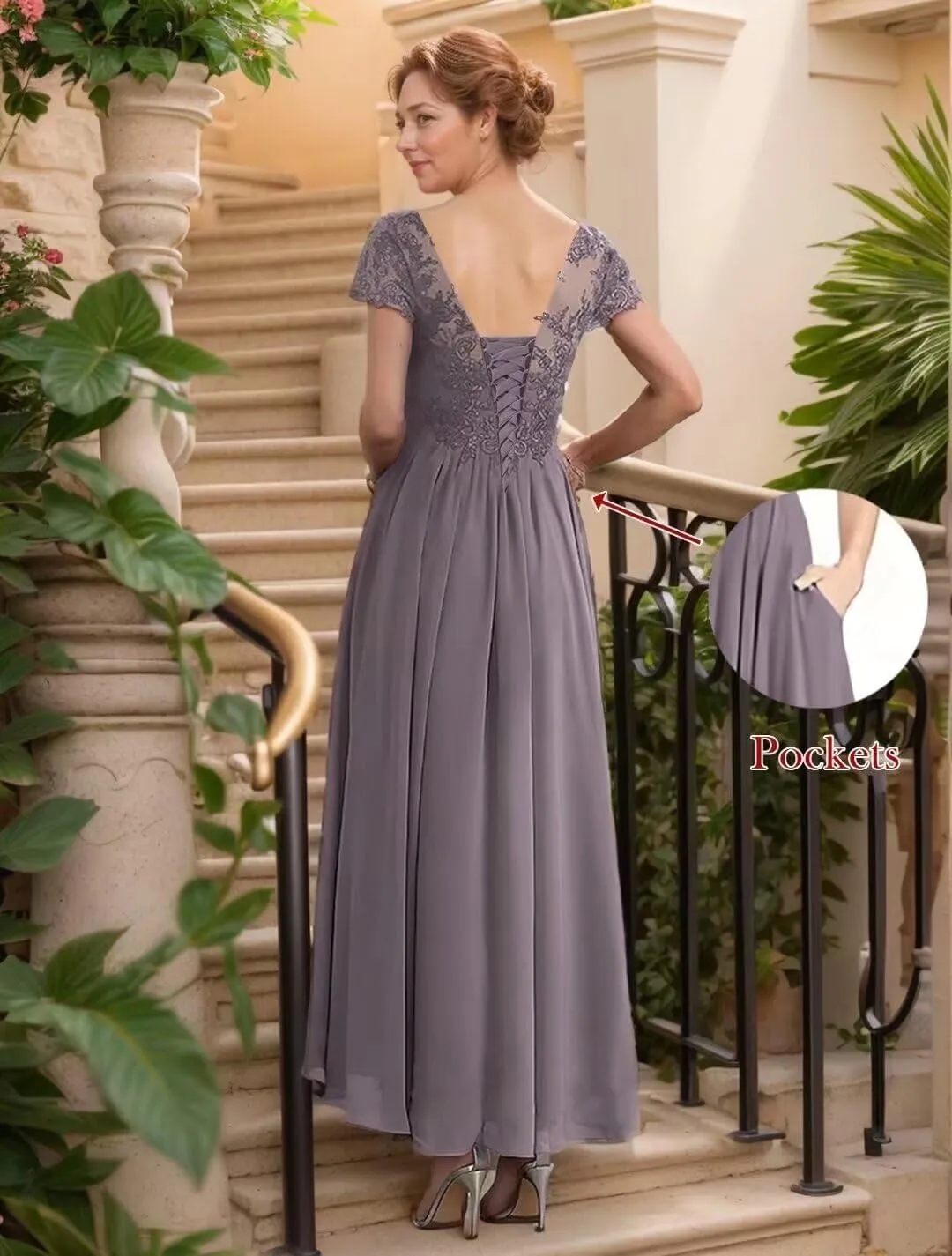 2 Piece Tea Length Mother of The Bride Dresses for Wedding with Jacket Chiffon A Line Formal Evening Gown with Pockets