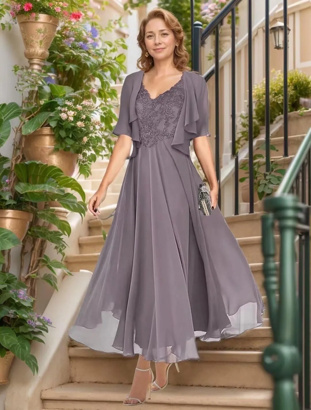 2 Piece Tea Length Mother of The Bride Dresses for Wedding with Jacket Chiffon A Line Formal Evening Gown with Pockets
