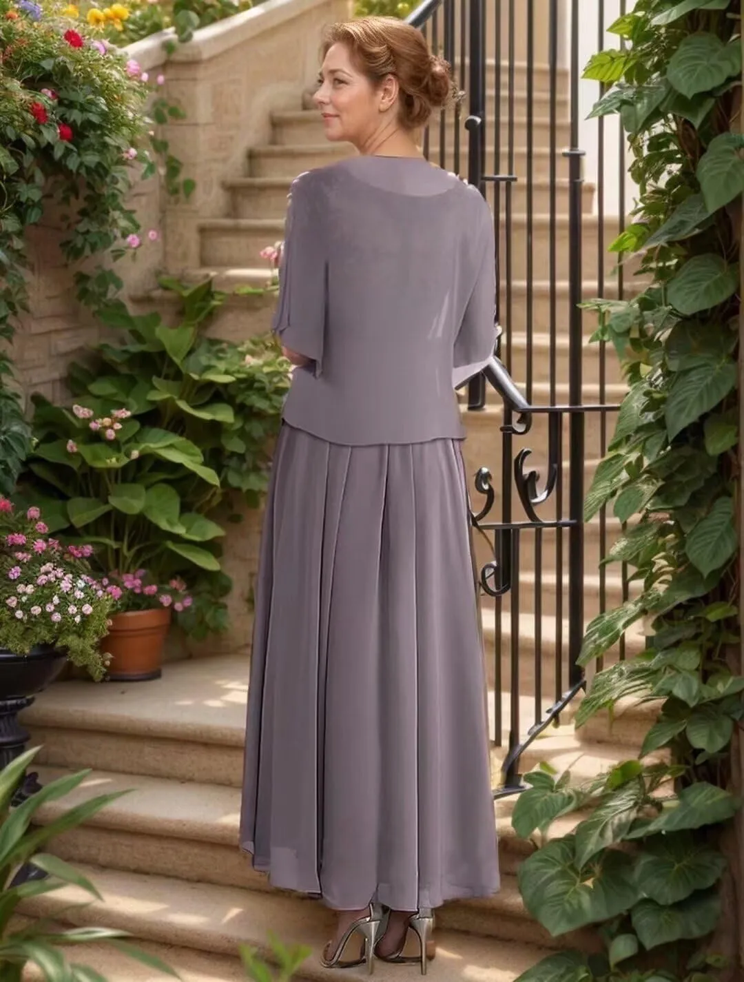 2 Piece Tea Length Mother of The Bride Dresses for Wedding with Jacket Chiffon A Line Formal Evening Gown with Pockets