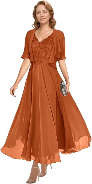2 Piece Tea Length Mother of The Bride Dresses for Wedding with Jacket Chiffon A Line Formal Evening Gown with Pockets