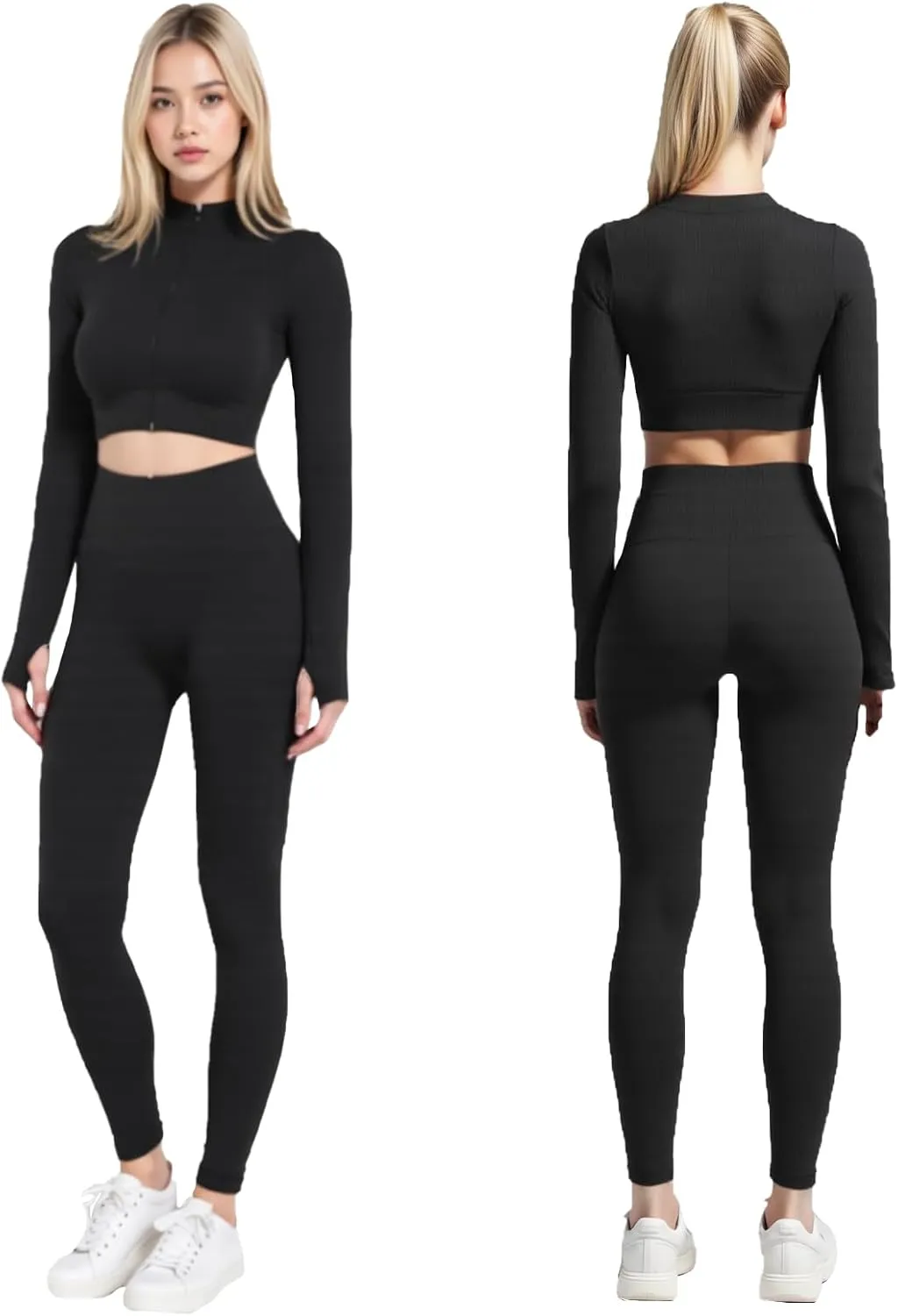 2 Piece Workout Sets for Women Seamless Workout Sets with Zip Bra Butt Lifting Leggings Waist Yoga Leggings Sets