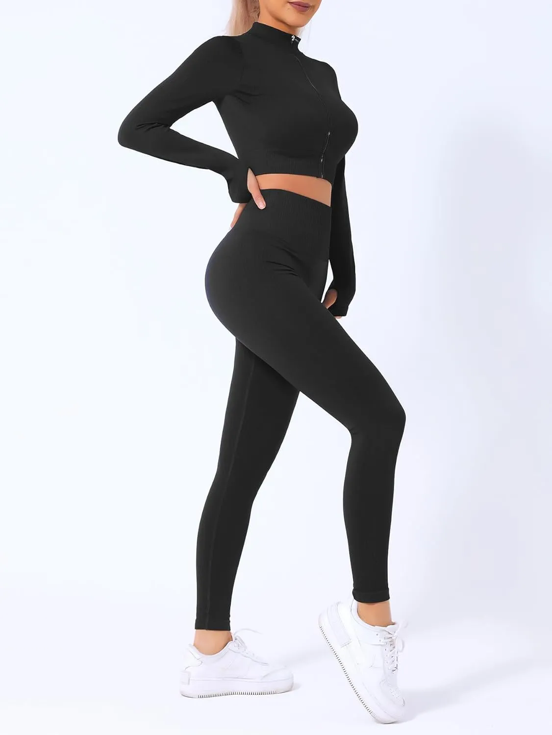 2 Piece Workout Sets for Women Seamless Workout Sets with Zip Bra Butt Lifting Leggings Waist Yoga Leggings Sets