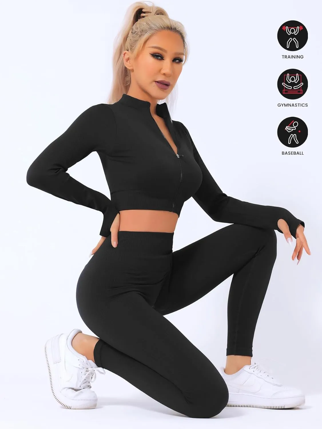 2 Piece Workout Sets for Women Seamless Workout Sets with Zip Bra Butt Lifting Leggings Waist Yoga Leggings Sets