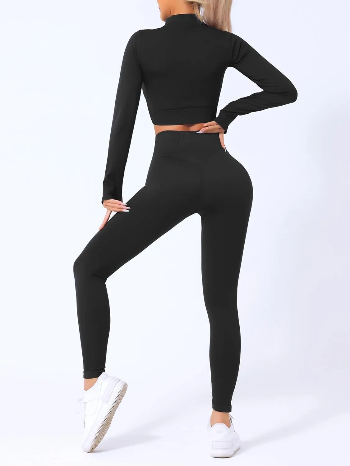 2 Piece Workout Sets for Women Seamless Workout Sets with Zip Bra Butt Lifting Leggings Waist Yoga Leggings Sets