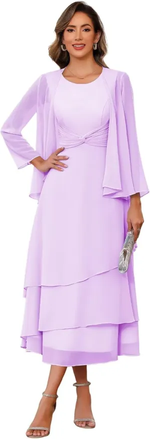 2 Pieces Mother of The Bride Dresses for Wedding 3/4 Sleeve Chiffon Pleated Formal Dress with Jacket BF149