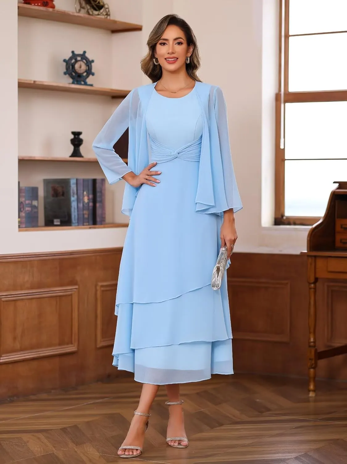 2 Pieces Mother of The Bride Dresses for Wedding 3/4 Sleeve Chiffon Pleated Formal Dress with Jacket BF149