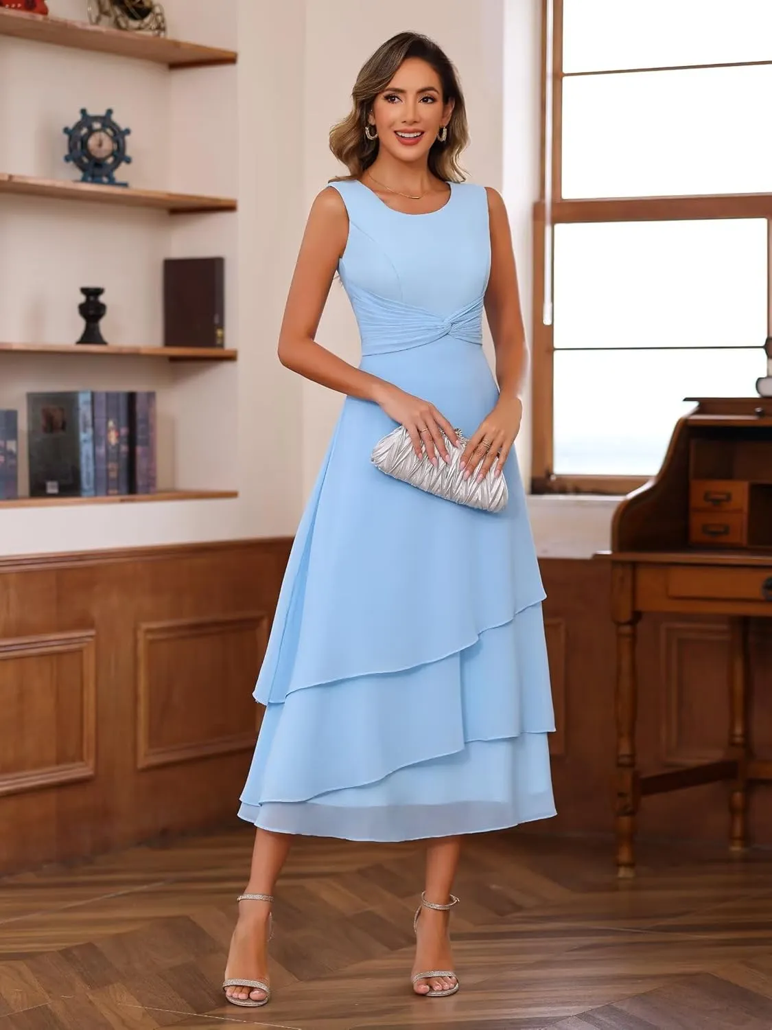 2 Pieces Mother of The Bride Dresses for Wedding 3/4 Sleeve Chiffon Pleated Formal Dress with Jacket BF149