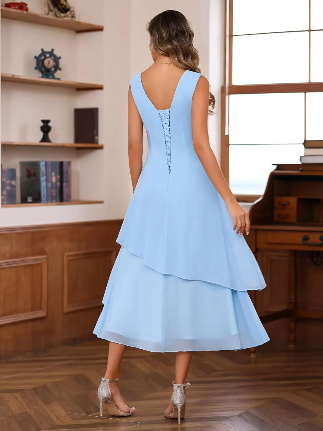 2 Pieces Mother of The Bride Dresses for Wedding 3/4 Sleeve Chiffon Pleated Formal Dress with Jacket BF149
