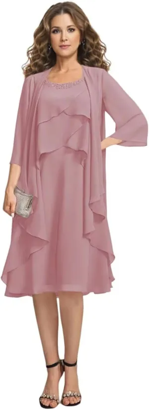 2 Pieces Mother of The Bride Dresses for Wedding Knee Length Tiered Beaded Chiffon Formal Evening Gowns with Jacket