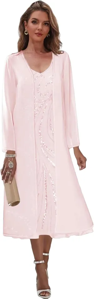 2 Pieces Mother of The Bride Dresses for Wedding Tea Length Formal Dress with Jacket Sequin Evening Gown