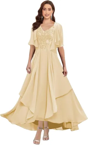 2 Pieces Mother of The Bride Dresses for Wedding V Neck Lace Formal Gowns and Evening Dresses