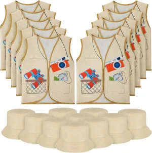 20 Pcs Explorer Hats and Vests Costume Sets for Kids Party Supplies Animals Explorer Pith Helmets Jungle Party Supplies Outdoor Activity Clothes for Young Boys and Girls Gifts