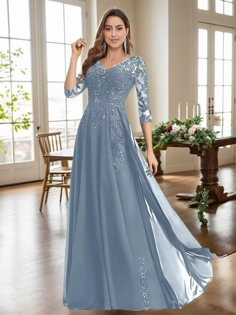 3/4 Sleeve Mother of The Bride Dresses for Wedding Chiffon A Line V Neck Long Sequin Lace Formal Evening Dress