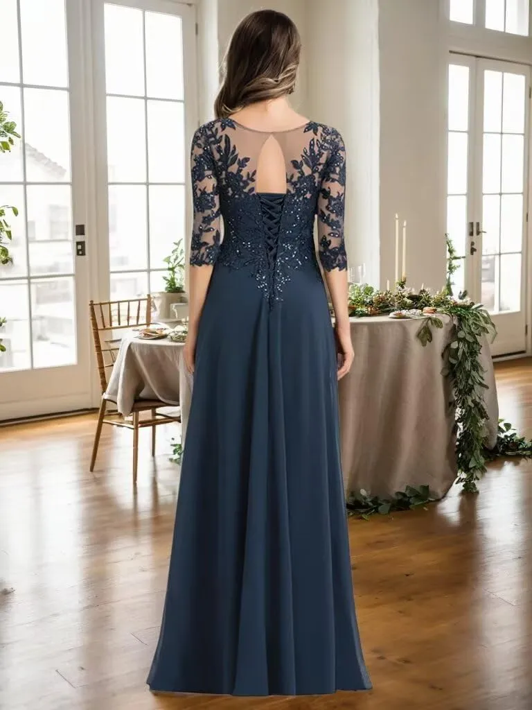 3/4 Sleeve Mother of The Bride Dresses for Wedding Chiffon A Line V Neck Long Sequin Lace Formal Evening Dress