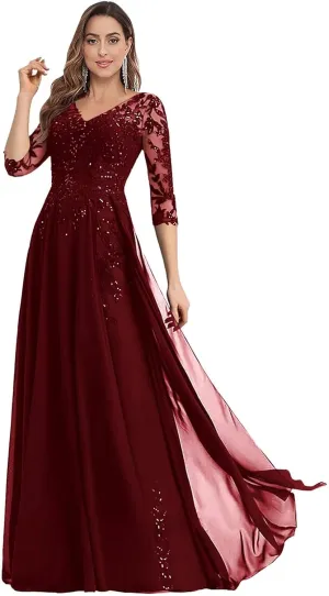3/4 Sleeve Mother of The Bride Dresses for Wedding Chiffon A Line V Neck Long Sequin Lace Formal Evening Dress