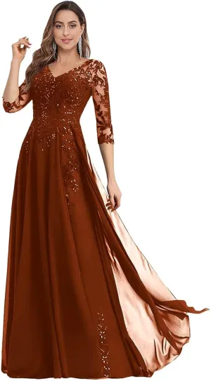 3/4 Sleeve Mother of The Bride Dresses for Wedding Chiffon A Line V Neck Long Sequin Lace Formal Evening Dress