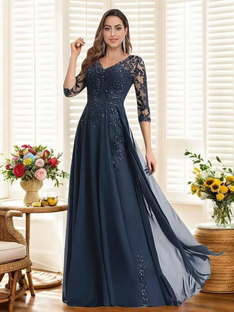 3/4 Sleeve Mother of The Bride Dresses for Wedding Chiffon A Line V Neck Long Sequin Lace Formal Evening Dress