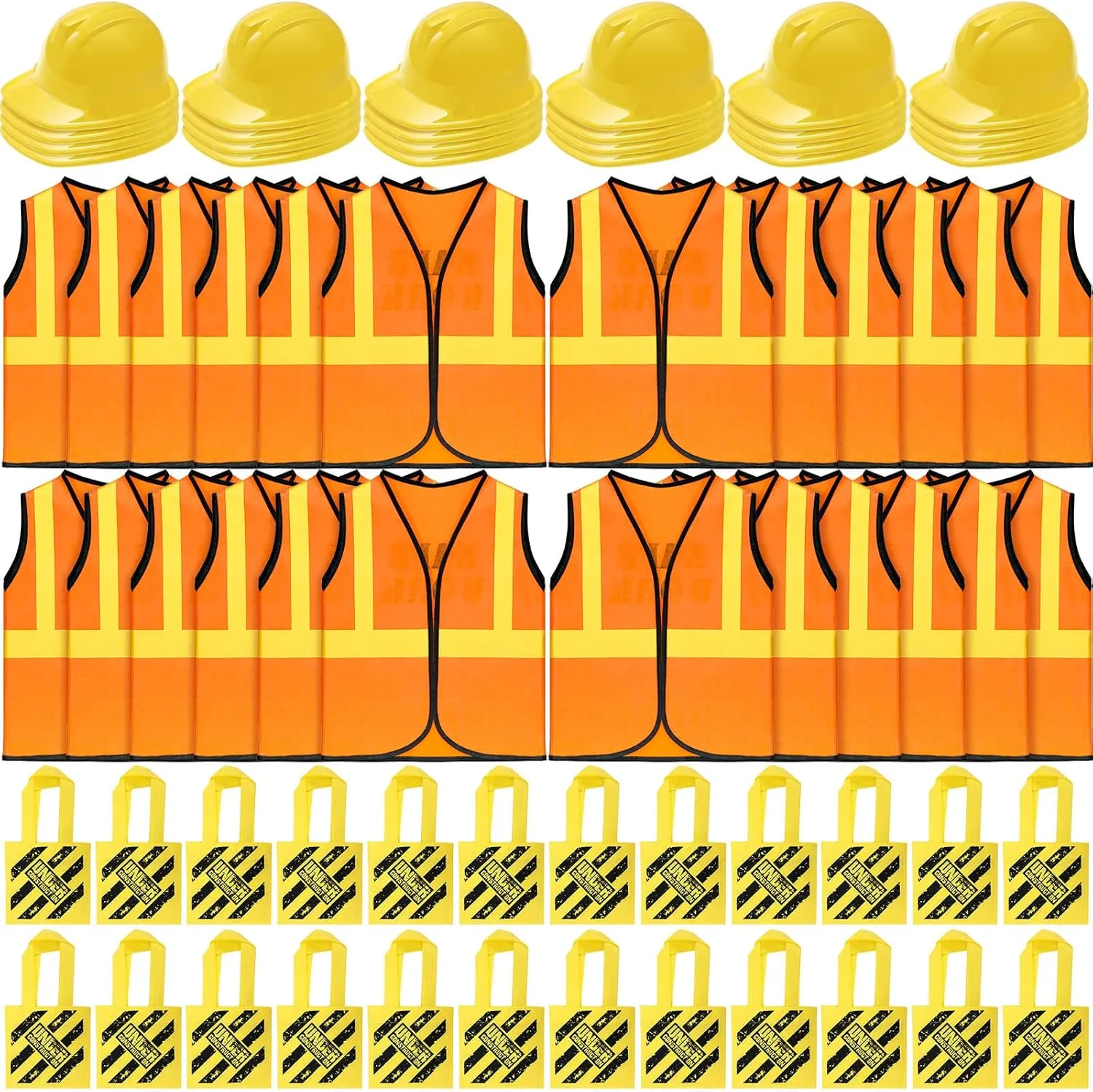 72 Pcs Construction Vest for Kids Construction Dressing up Supplies Including 24 Vests 24 Construction Hats and 24 Construction Tote Bags, Birthday Favor Costume for Birthday Party Costume Party