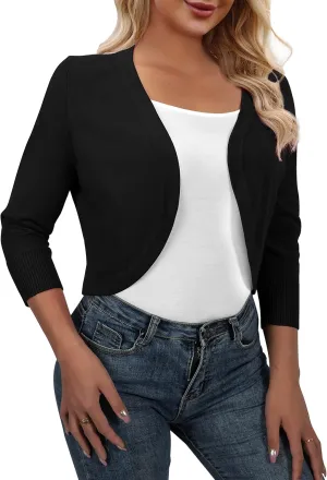 AAMILIFE Women's 3/4 Sleeve Cropped Cardigans Sweater Open Front Short Shrugs