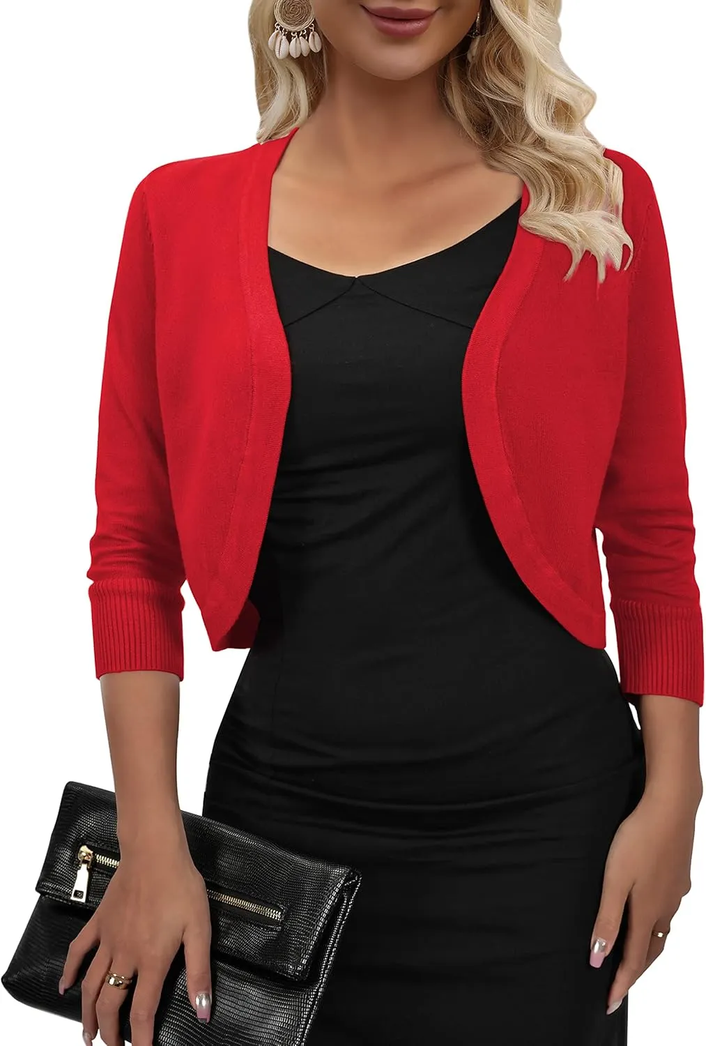 AAMILIFE Women's 3/4 Sleeve Cropped Cardigans Sweater Open Front Short Shrugs