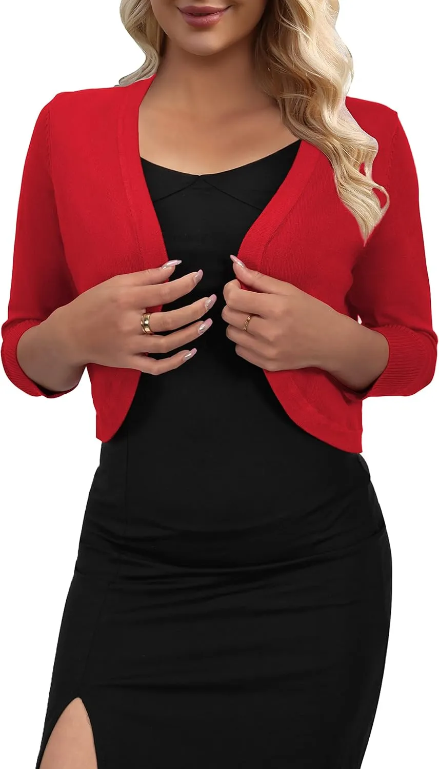AAMILIFE Women's 3/4 Sleeve Cropped Cardigans Sweater Open Front Short Shrugs