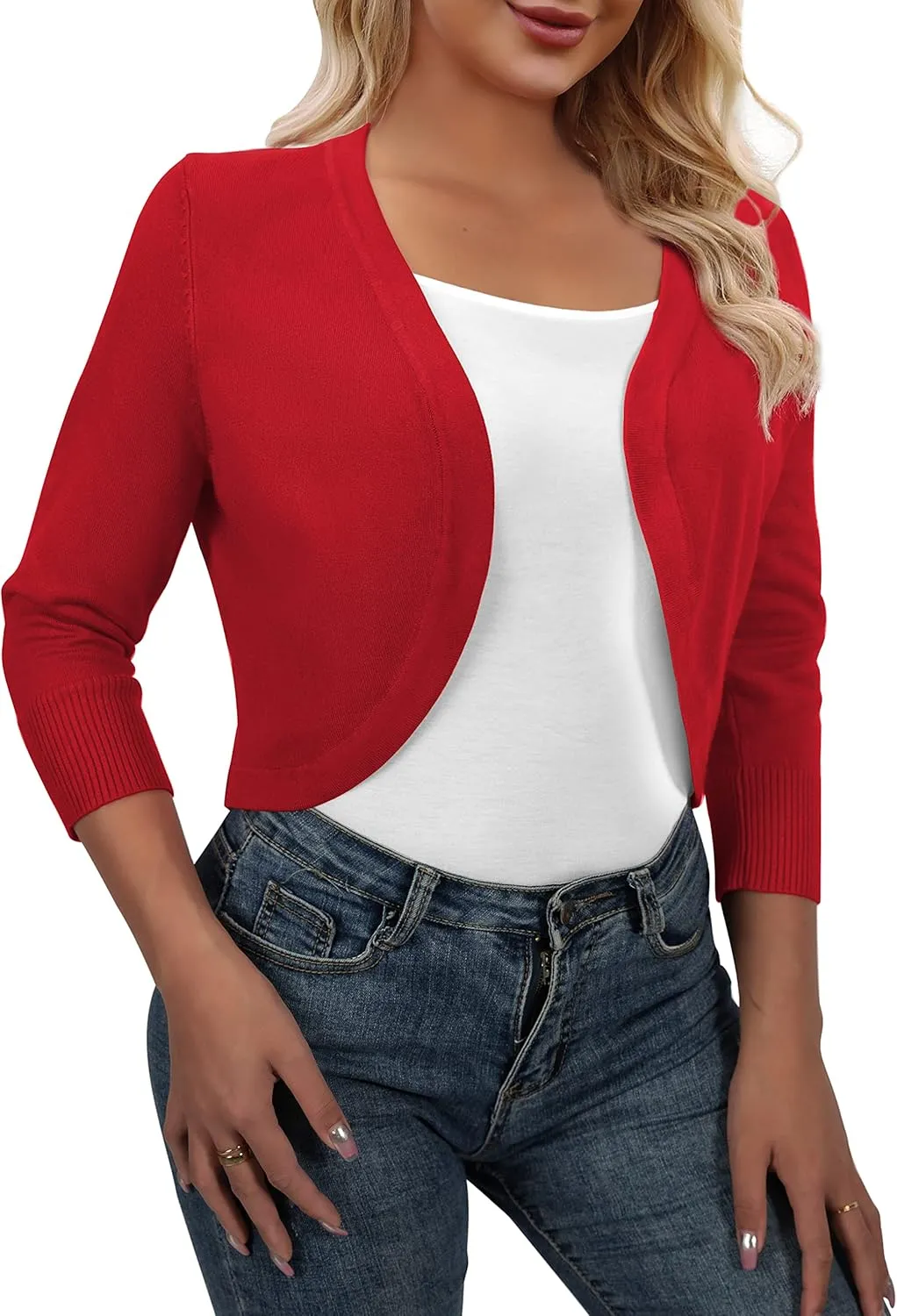 AAMILIFE Women's 3/4 Sleeve Cropped Cardigans Sweater Open Front Short Shrugs