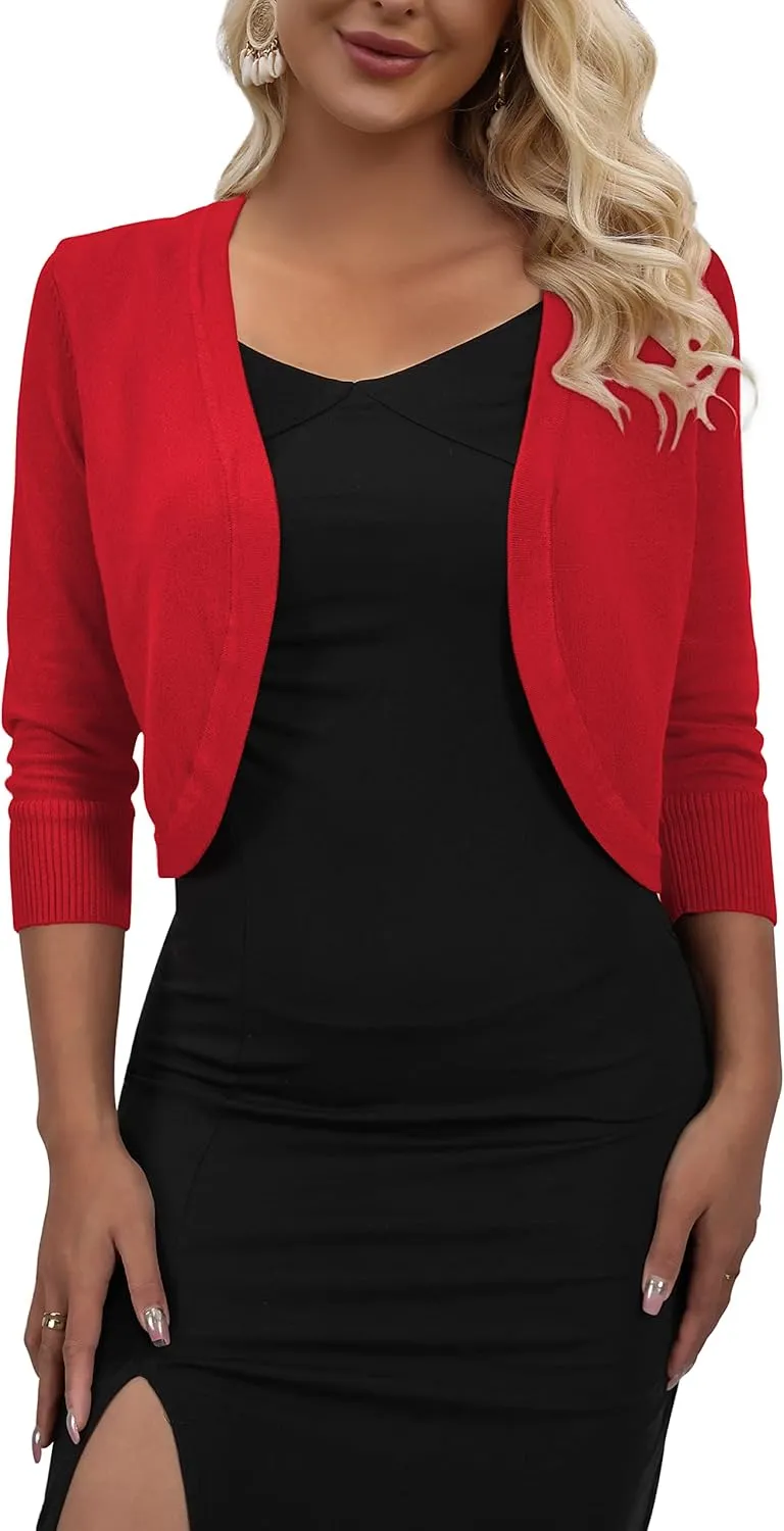 AAMILIFE Women's 3/4 Sleeve Cropped Cardigans Sweater Open Front Short Shrugs