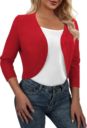 AAMILIFE Women's 3/4 Sleeve Cropped Cardigans Sweater Open Front Short Shrugs