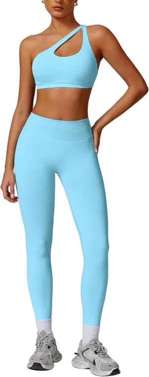 ABOCIW Women Workout Sets Seamless High Waist Scrunch Butt Lifting Gym Leggings Cutout One Shoulder Sports Bra